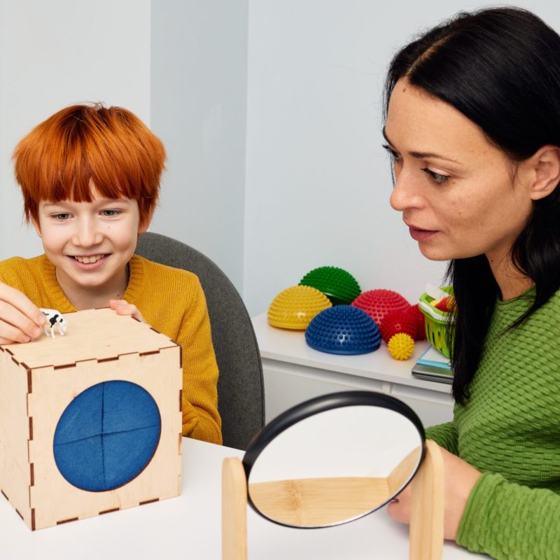 Speech therapy games. Male child patient training his pronunciation with private child development specialist while session in game form with toys Speech therapy games. Male child patient training his pronunciation with private child development specialist while session in game form with toys